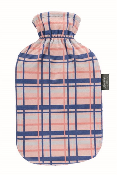 Värmekrus i tygfodral, ros/blå rutig